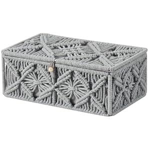 VinneGenzz Decorative Boho Storage Baskets with Lid Bohemian Macrame Jewelry Box Handmade Natural Cotton Rope Woven Bins Memory Keepsake Photo Makeup Organizer Shelf Container (Gray, Small)