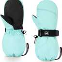 HIGHCAMP Kids Long Cuff Winter Gloves with Stay-on Strap Waterproof Mittens for Toddler Children Snow Ski (Aqua Green)