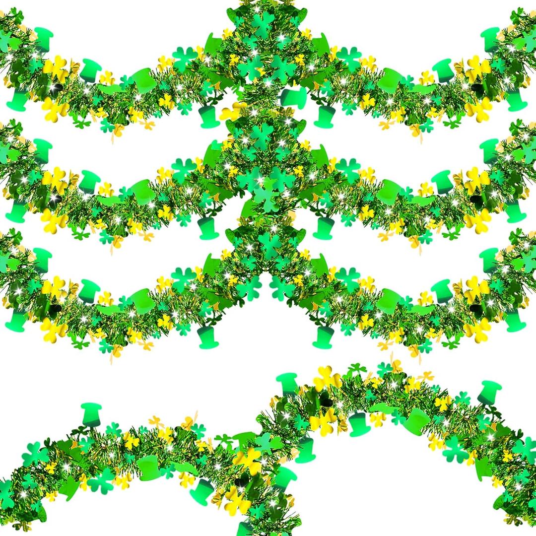 50 FT St Patricks Day Tinsel Garland Gold Green Shamrock Hat Garland Decorations, Shiny Metallic Hanging St. Patrick's Day Decors for Home Indoor Outdoor Party Supplies