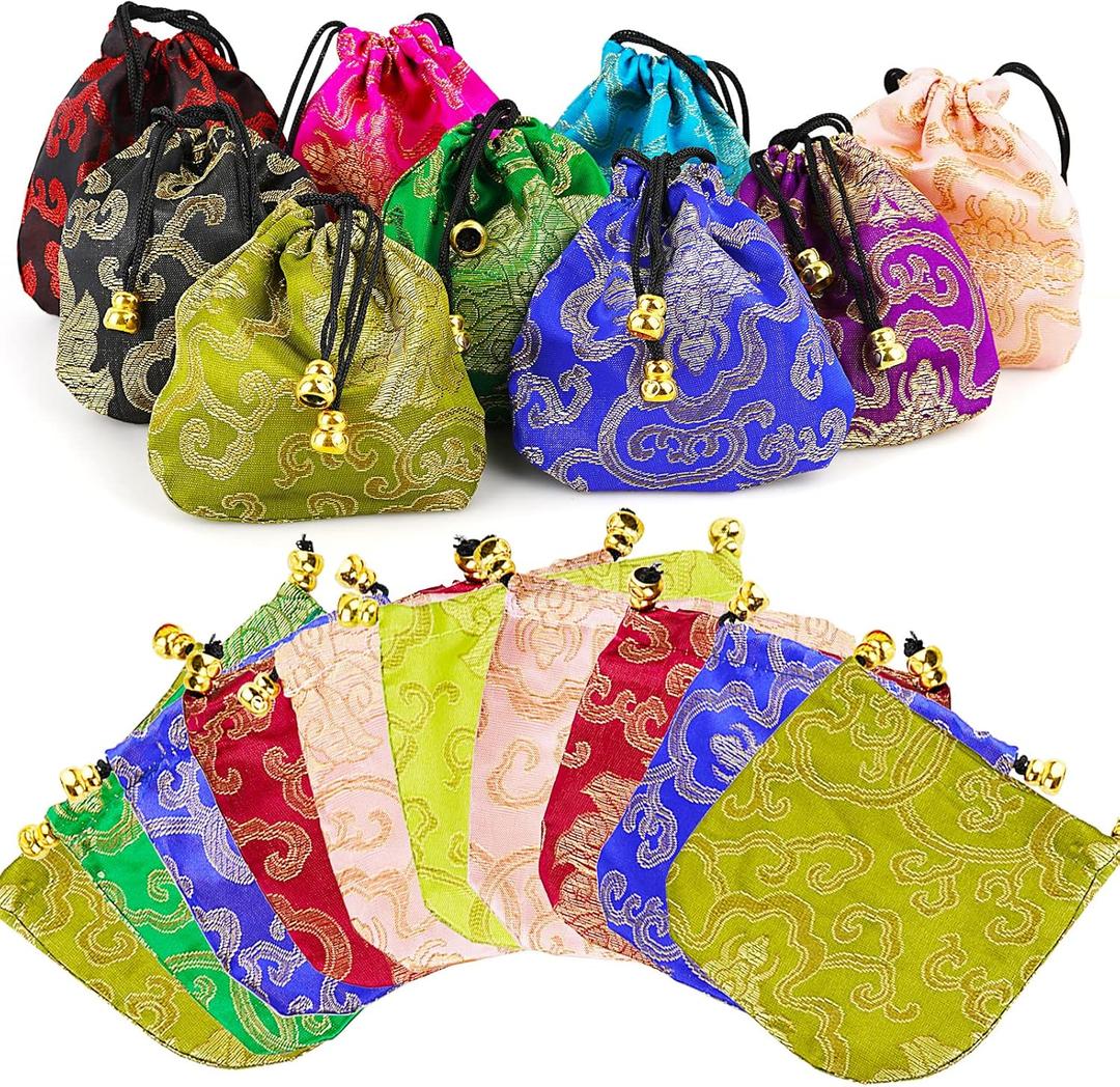 30Pcs Silk Brocade Embroidered Drawstring Jewelry Pouch Bag Gift Bags Baskets Drawstring Coin Purse (Random Color)