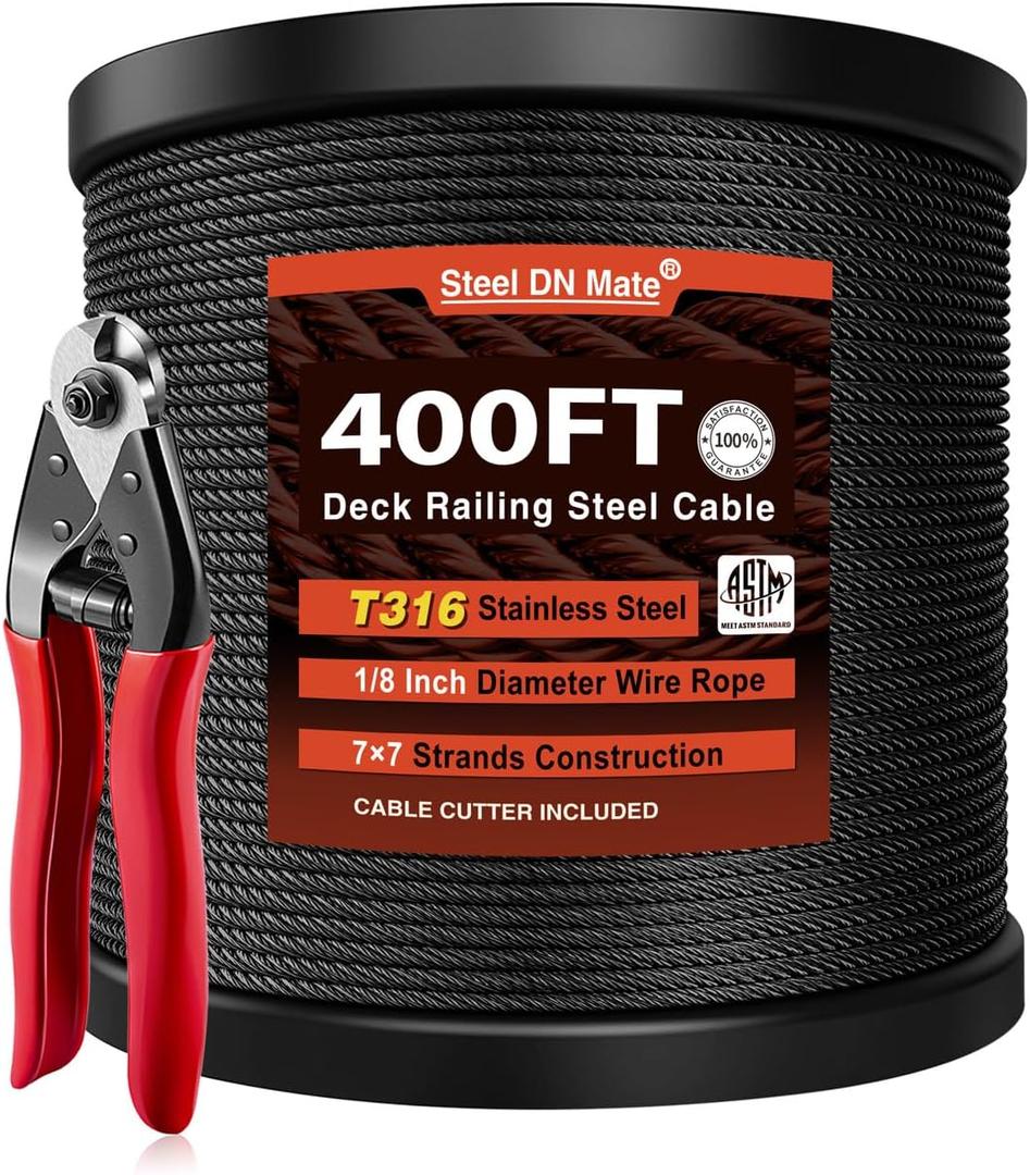 Steel DN Mate 400ft 1/8" Black Cable Railing Wire Rope, T316L Marine Grade Stainless Steel for Stair Deck System, 7 7 Strands Construction Hardware With Cutter (400FT with Cutter)