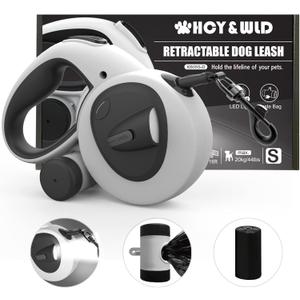 HCY&WLD Upgrade 4-in-1 Retractable Dog Leash with LED Light & Dispenser & Poop Bags, 16 ft Heavy Duty Dog Leash with Anti-Slip Handle for Dogs up to 44 lbs, 360 Tangle-Free, One Button Brake & Lock (Small)