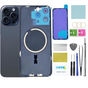 15 Pro Max Back Glass Replacement for iPhone 15 Pro Max Rear Back Cover Glass Waterproof and Camera Lens+Professional Repair Tool Kit (Blue Titanium)