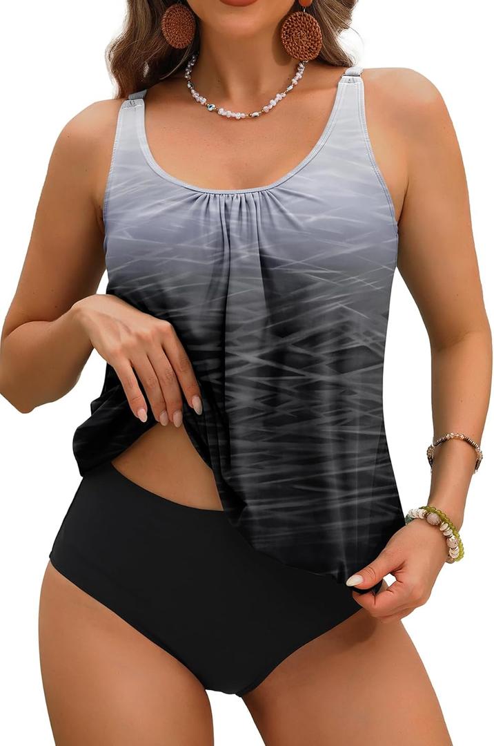 Yonique Two Piece Tankini Swimsuits for Women Blouson Bathing Suits Modest Swimwear (Large, Gray Gradient)