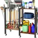 Dobures Garden Tool Organizer with Lockable Wheels, Heavy Duty Yard Tool Storage Rack for Shovels and Rakes, 3 Tier Lawn Care Utility Holder with hooks for Garage, Shed, Yard and Laundry Room