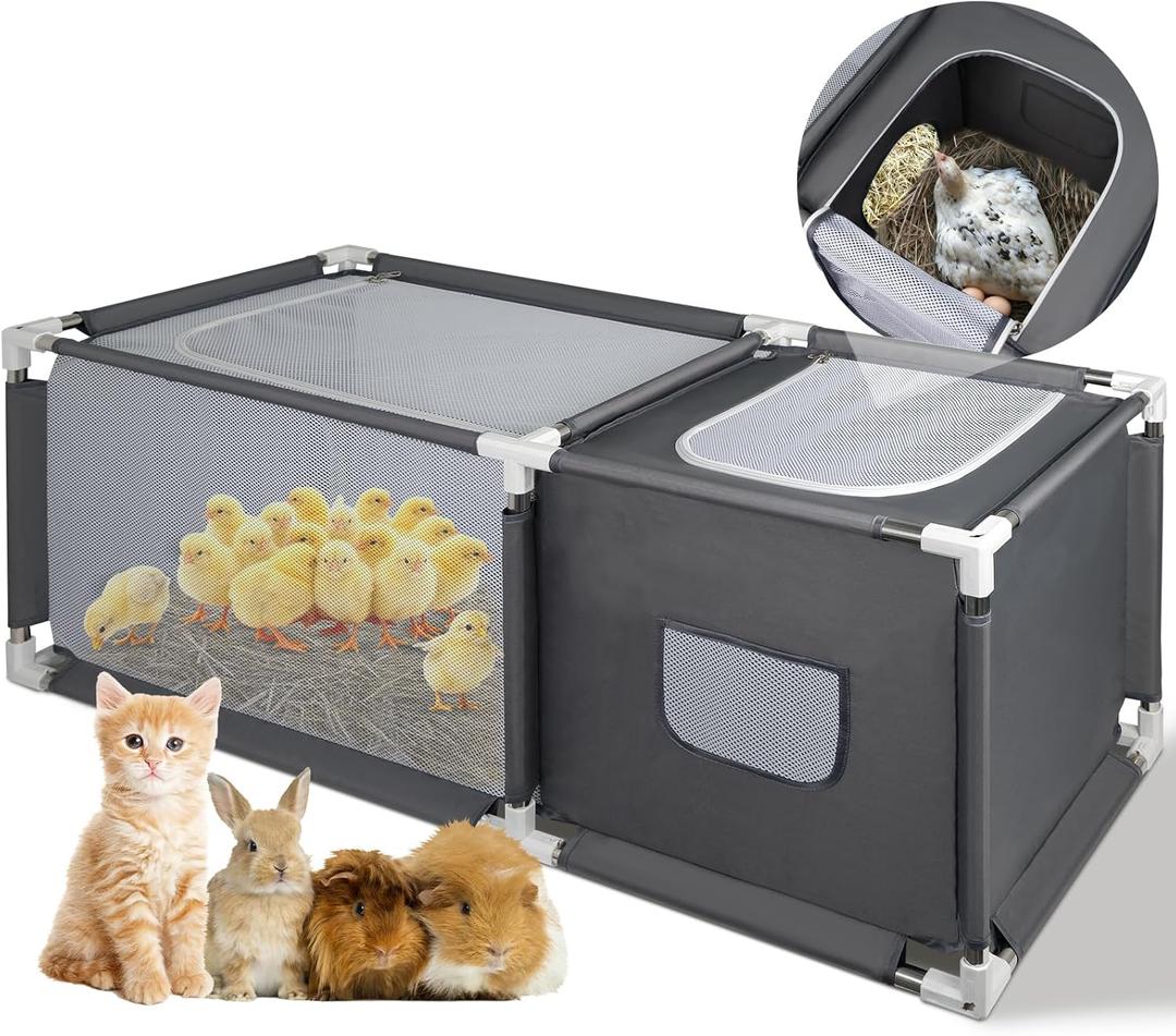 49.6"x19.7"x19.7" Brooder Box for Chicks with Dual Zipper Doors, Oxford Fabric & Mesh Chicken Brooder Box with Two-Zone, Small Animals Playpen Indoor Outdoor for Chicks, Ducks, Kitten, Puppy, Rabbits, Gray
