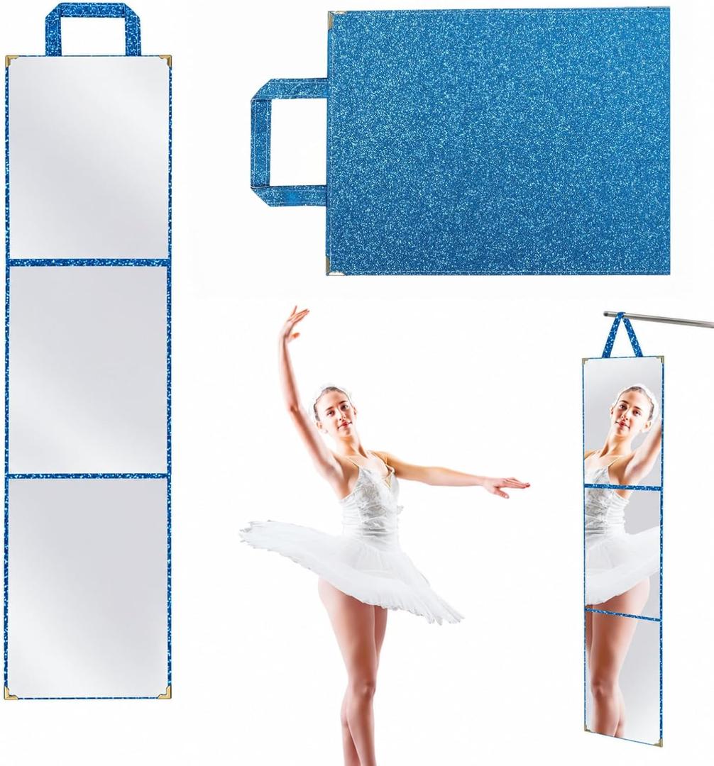 Foldable Acrylic Full Length Mirror with Handle, Blue, Tri-Fold
