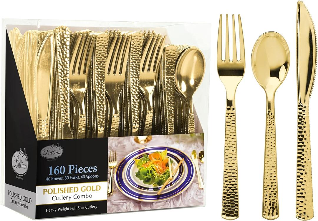 Plastic Cutlery Silverware Extra Heavyweight Disposable Flatware, Full Size Cutlery Combo, Gold Pebbled, 80 Forks, 40 Spoons, 40 Knives, Value Pack 160 Count