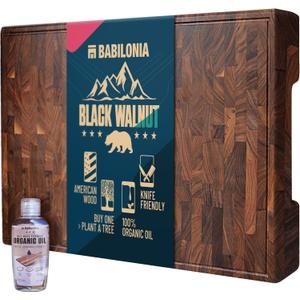 XXL American Black Walnut End Grain Cutting Board - 24 x 15 x 1.7 Inch - Premium Quality & Professional Butcher Block. Heavy Duty Wood Chopping Board for Kitchen (Oil bottle & Plate included)