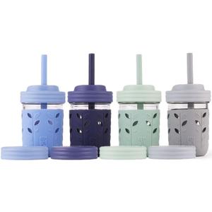 Elk and Friends Kids + Toddler Glass Cups | The Original 8oz Glass Mason Jar with Sleeves + Lids | Silicone Straws + Stopper | Smoothie Cup | Food Storage | Spill Resistant | Dishwasher Safe | 4 Pack (Gray/Sage/MistyBlue/Navy)