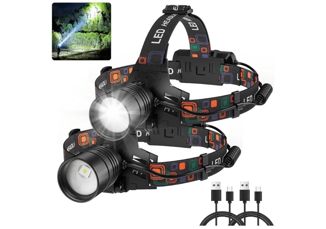 Rechargeable Headlamp 2Pack, 99000 Lumens Super Bright LED Head Lamp with 3 Modes, 90° Adjustable Head Lights for Forehead, 45H Long Runtime & IPX6 Waterproof HeadLamps for Camping Hunting Hiking