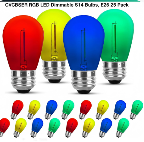 S14 Colored LED String Light Bulbs Replacement 25 Pack, 1W Multi-Color Edison Bulb E26 Medium Base Plastic Shatterproof for Home Outdoor Decor