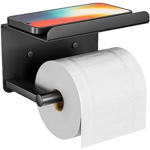 Adhesive Toilet Paper Holder with Phone Shelf, Wall Mounted Toilet Paper Roll Holder, Rustproof Bathroom Tissue Roll Holder with Shelf, Sticky Toilet Paper Roll Holder- Matte Black… 2 Pack