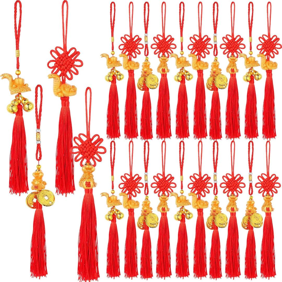 24 Pcs Chinese New Year Decorations 2025 Year of The Snake Pendant Chinese Wealth Snake Knot Tassel for Bonsai Car Hanging Charm Spring Festival Party Supplies