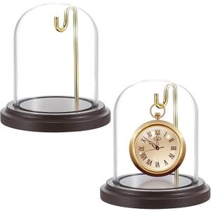 JUXYES 2 Pack Clear Watch Glass Display Dome Cloche With Hook, Dome Cloche with Hook with Wooden Base, Glass Dome Cloche Bell Terrarium Jar Cloche Bell Jar Display for Watch Ornaments