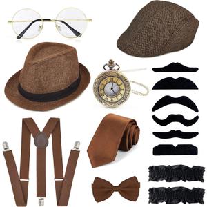 GIFIKOI 1920s Mens Costume Accessories Outfit Fedora Hat Vintage Roaring 20s Costumes Gangster Accessories for Gatsby Party (Brown)