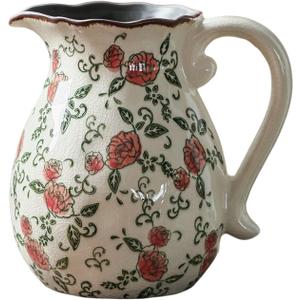 Vintage Ceramic Vase - 8.2 Inch Hand-Painted Roses with Ice Crackle Glaze Finish, American Farmhouse Style Pitcher Vase for Home Decor, Centerpiece, Shelf, Table, Office, Rustic Wedding Gift
