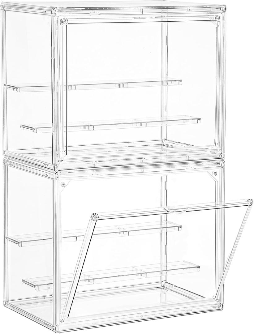 Small Acrylic Display Case for Collectibles 3 Layer Adjustable Display Case with Magnetic Door Clear Stackable Display Box for Mini Figures, 2 Pack