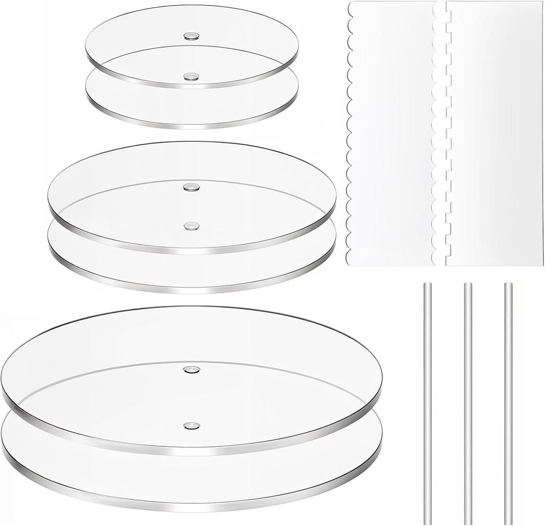 JJUNW 11 Pack Acrylic Cake Disc Set, Clear Cake Decorating Supplies with 6 Acrylic Discs, 2 Icing Scraper and 3 Center Dowel For Make Your Cakes Tier Serving Bake Goods (6.25/8.25/10.25 Inch)