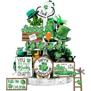 Mifoci 16 Pcs St. Patrick's Day Tiered Tray Decor St Patricks Day Decoration Lucky Clover Gnome Wood Sign Green Shamrock Table Centerpiece Irish Happy Saint Patricks Block Trefoil Tabletop Signs