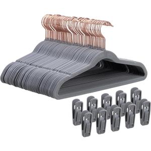 Tonswachic 50-Pack 14 Inch Children's Closet Hangers with 10 Clips - Soft Velvet Non-Slip Hangers for Kids & Teen Clothes (Grey)