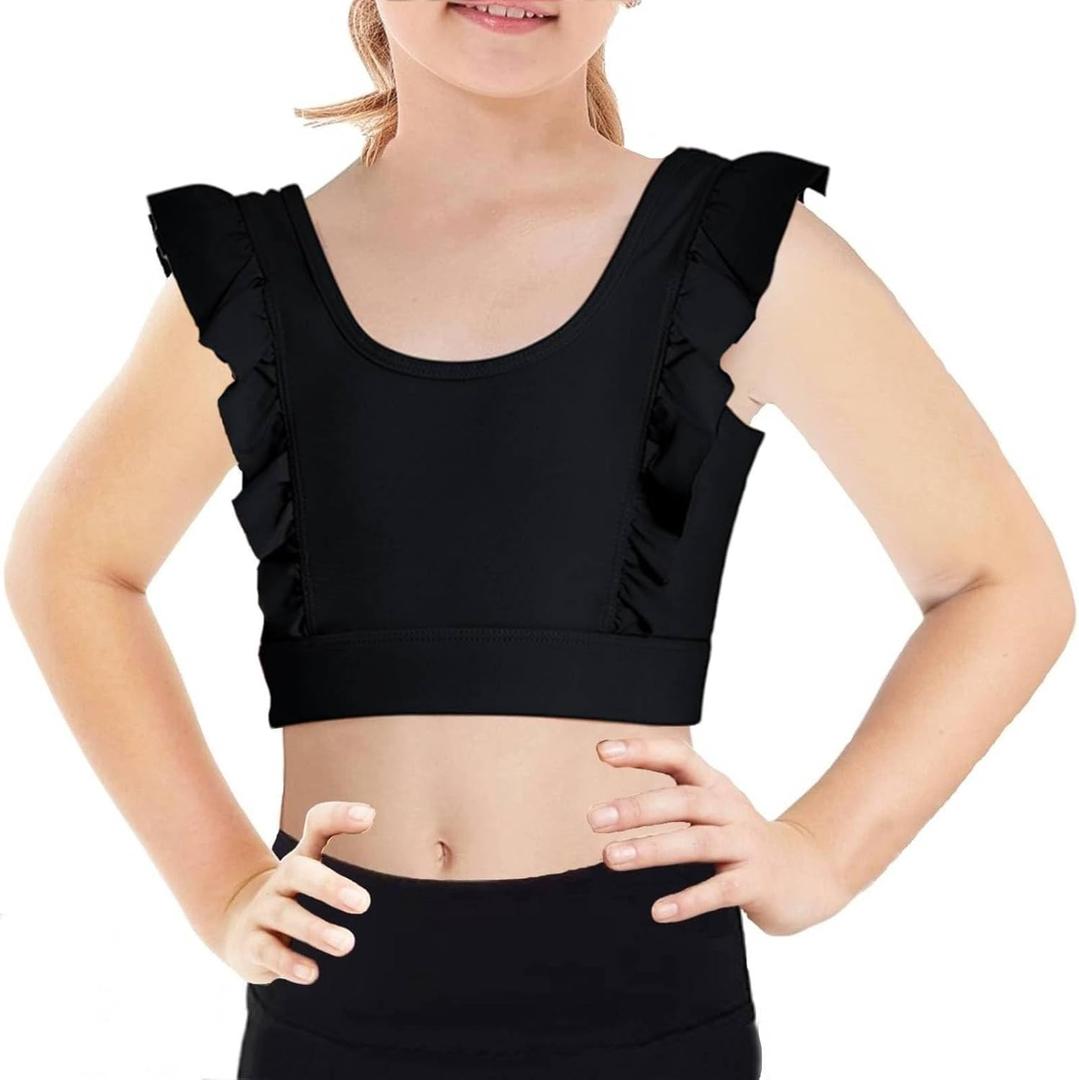 Girls Training Bra Cute Ruffle Sports Bra for Kids Scoop Neckline Fitness Yoga Bra Strap Crop Top (11-12 Years, Black)