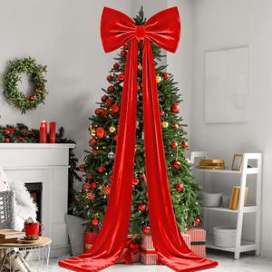 118 x 31 Inch Giant Christmas Tree Topper Bow Extra Large Velvet Bow for Christmas Decoration Huge Xmas Tree Bows with Streamers for Home Holiday Birthday Wedding Party Decor Supplies (Red)