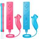 Wii Controller 2 Pack, Wii Remote Controller and Nunchuck Joystick with Silicone Case and Wrist Strap for Holiday (Pink and Blue)