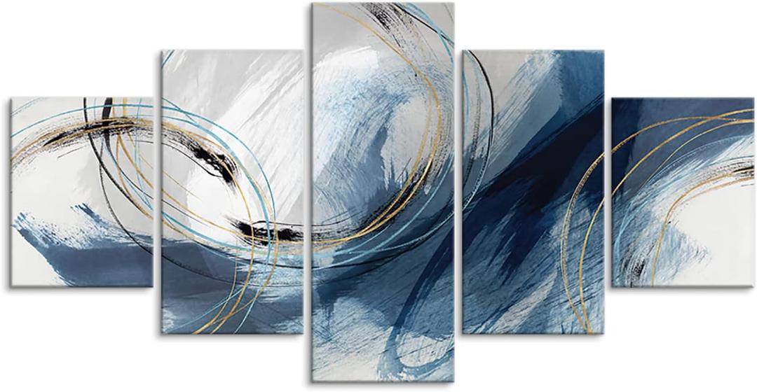 Fu-Keivy Blue Grey Abstract Canvas Wall Art Decor Fantasy Modern Artwork Painting for Living Room Bedroom 5 Panel Wall Pictures Graffiti on White Background 60''W x 32''H