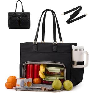 LOVEVOOK Lunch Tote Bag for Women, 17.3 Inch Laptop Tote with Insulated Lunch Compartment, Large Capacity Lunch Bag for Work, Business, Daily, Outdoors, Black