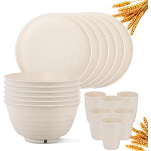 Klickpick Home 18 Pieces wheatstraw Dinnerware Set with 6 Each of Dinner Plates Cereal Salad Bowls Cups Unbreakable Modern Dinner Set for Microwave Dishwasher Safe Reusable Beige