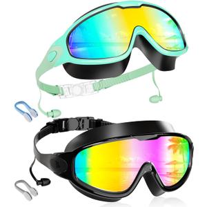 Aegend New Kids 2 Pack Wide View Swim Goggles, Anti-Fog/UV No Leak Goggles with Ear Plugs Kids 3-14, Green Aqua & Bright Rose