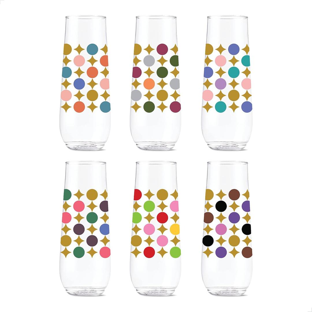 TOSSWARE POP 9oz Flute Designer Series - Shapes 3, SET OF 6, Premium Quality, Recyclable, Unbreakable & Crystal Clear Plastic Printed Champagne Glasses