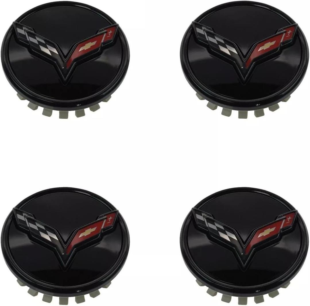 4Pc 2014+ C7 Corvette Stingray Center Caps w/Crossed Flag Logo Trim Set 23217059 (Black)