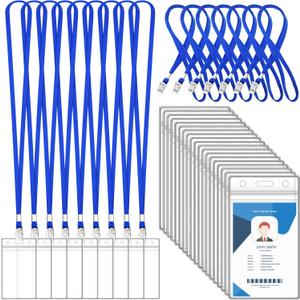 100 Sets Lanyards for Id Badges and Clear Plastic Vertical Name Badge ID Card Holders, Flat Neck Lanyards with Clip Waterproof Resealable Name Tag Badge ID Card Holders, Blue