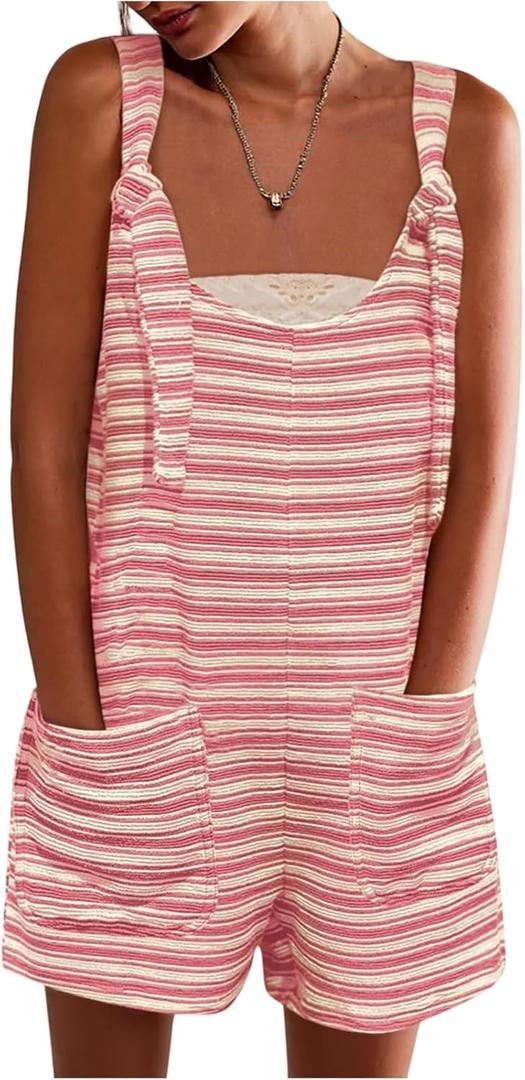 Womens Casual Summer Strapless Romper Tied Wide Leg Striped Short Overalls Loose Boho Beach Cute Rompers with Pockets (XX-Large, A011 Pink)