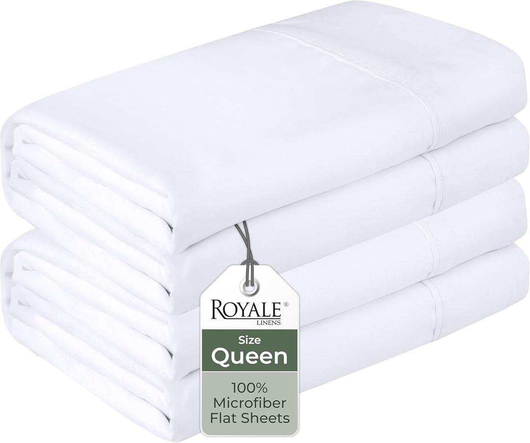 Royale Linens 2 Pack Bulk Flat Sheet Set - Top Sheets - Soft 1800 Microfiber - Wrinkle & Stain Resistant - for Hotel, Massage Table, Hospital, Dorm - Queen Flat Sheet Sold Separately (King, White)