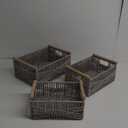 Wicker Storage Baskets for Organizing, Recyclable Paper Rope Basket with Wood Handles, Decorative Hand Woven Basket Organizers for Makeup Books Shelves Living Room, Grey, Set of 3
