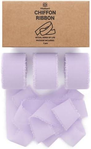 Vitalizart Lavender Purple Chiffon Silk Ribbon 1" x 21 Yd Fringe Fabric Package (3 Rolls * 7 Yd) for Wedding Invitations Bridal Bouquets Decorations Gifts Wrapping & Bow Making Lilac