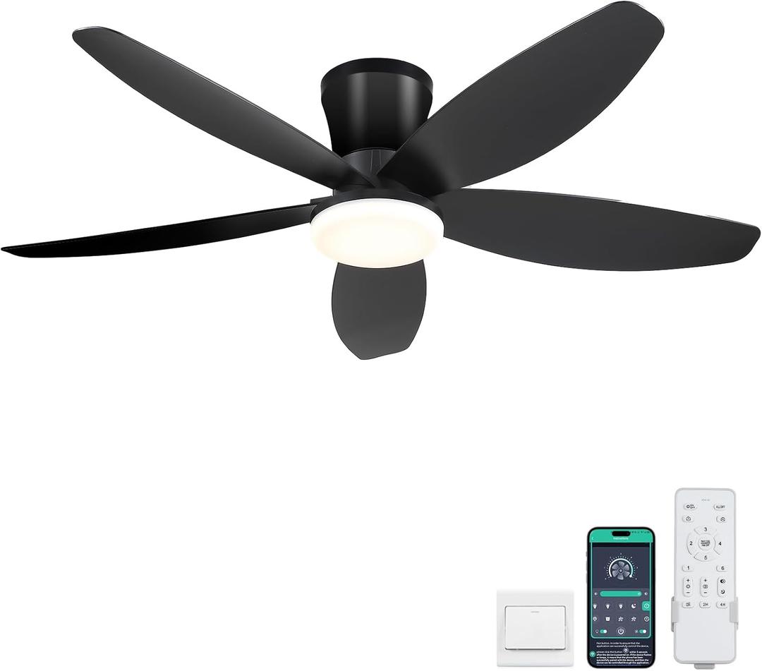 42" Ceiling Fans with Lights-Low Profile Ceiling Fan with Light and Remote/APP Control,Flush Mount,DC Reversible,LED Dimmable Blakc Ceiling Fans for Bedroom,Indoor/Outdoor Patio Use (Black)