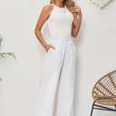 Women's Linen Pants Relaxed Fit High Waisted Boho Chic Ankle Pants Summer Beach Vacation Wide Leg Trousers (White, XL)