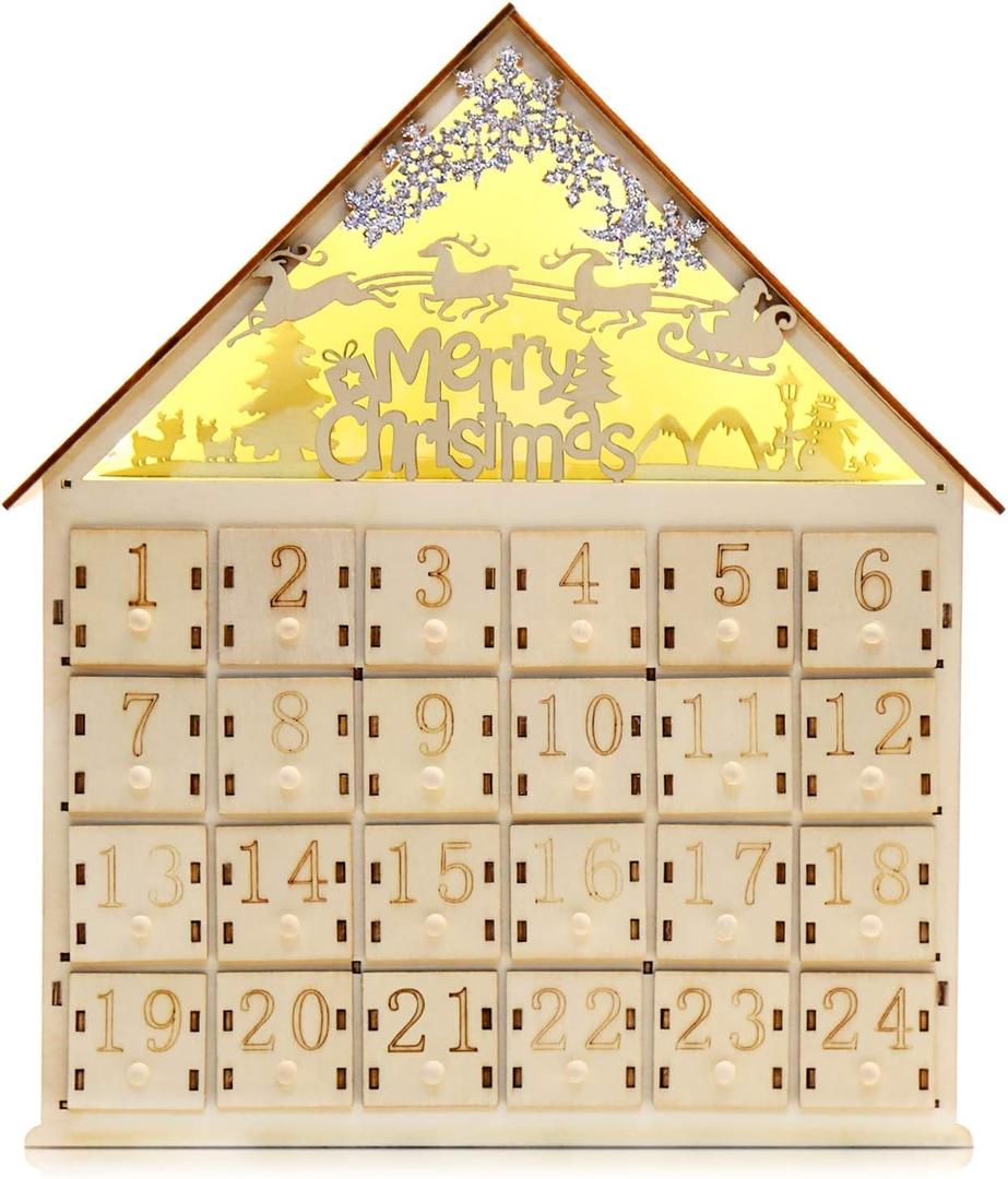CCINEE Christmas Wooden Advent Calendar with LED Light 24 Storage Drawers Christmas Countdown Calendar for Holiday Decoration