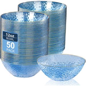 I00000 50 Pack 12 Ounce Blue Plastic Bowls Hammered Clear Bowl with Gold Rimmed, Heavy Duty Disposable Bowl Set,Elegant Small Bowls for Party, Weddings, Catering