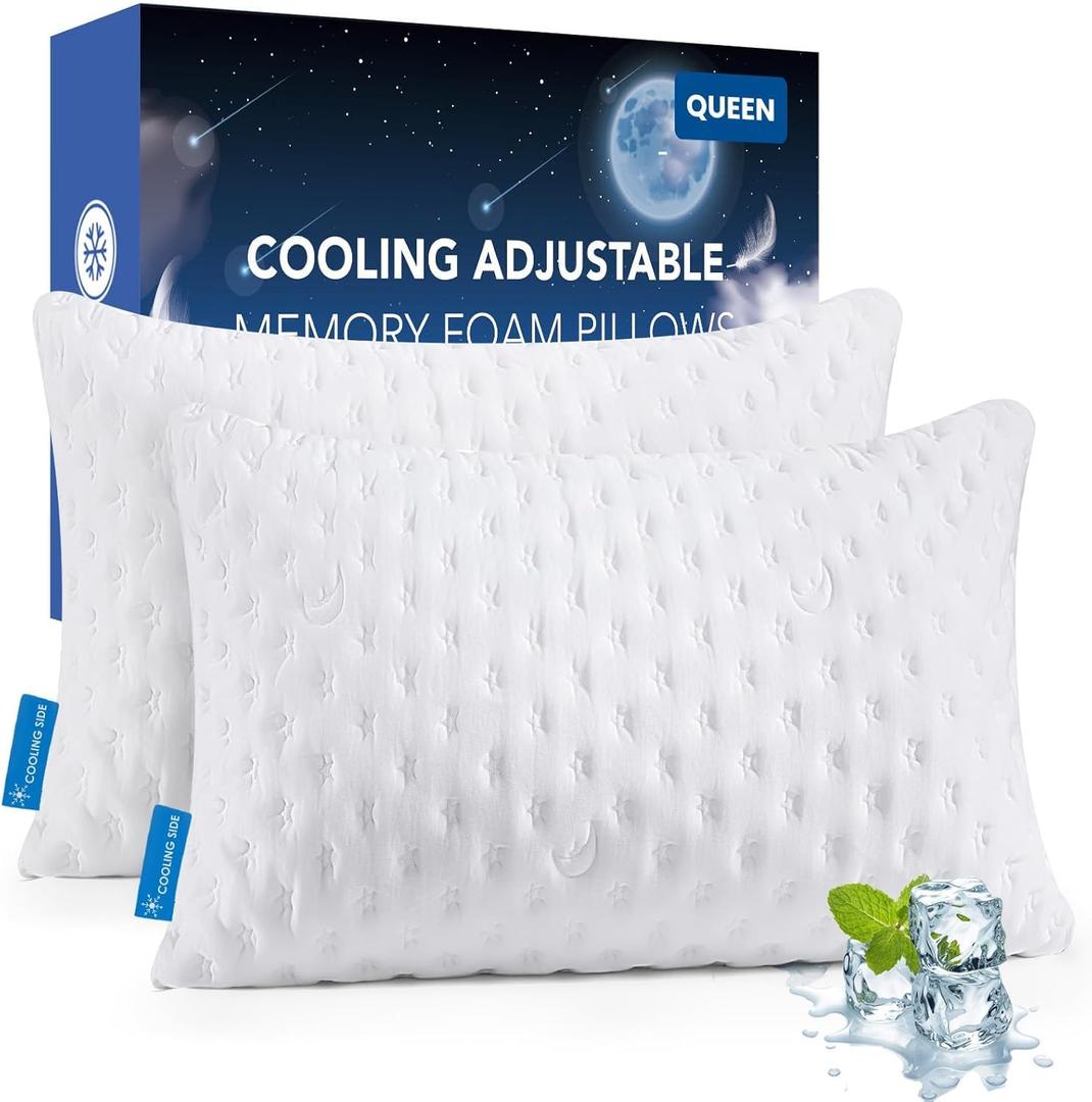 Cooling Side Sleeper Pillow for Neck and Shoulder Pain, Luxury Shredded Memory Foam Pillows for Sleeping, Firm Bed Pillows Queen Size Set of 2- Adjustable Queen Size- Washable Cover Original White