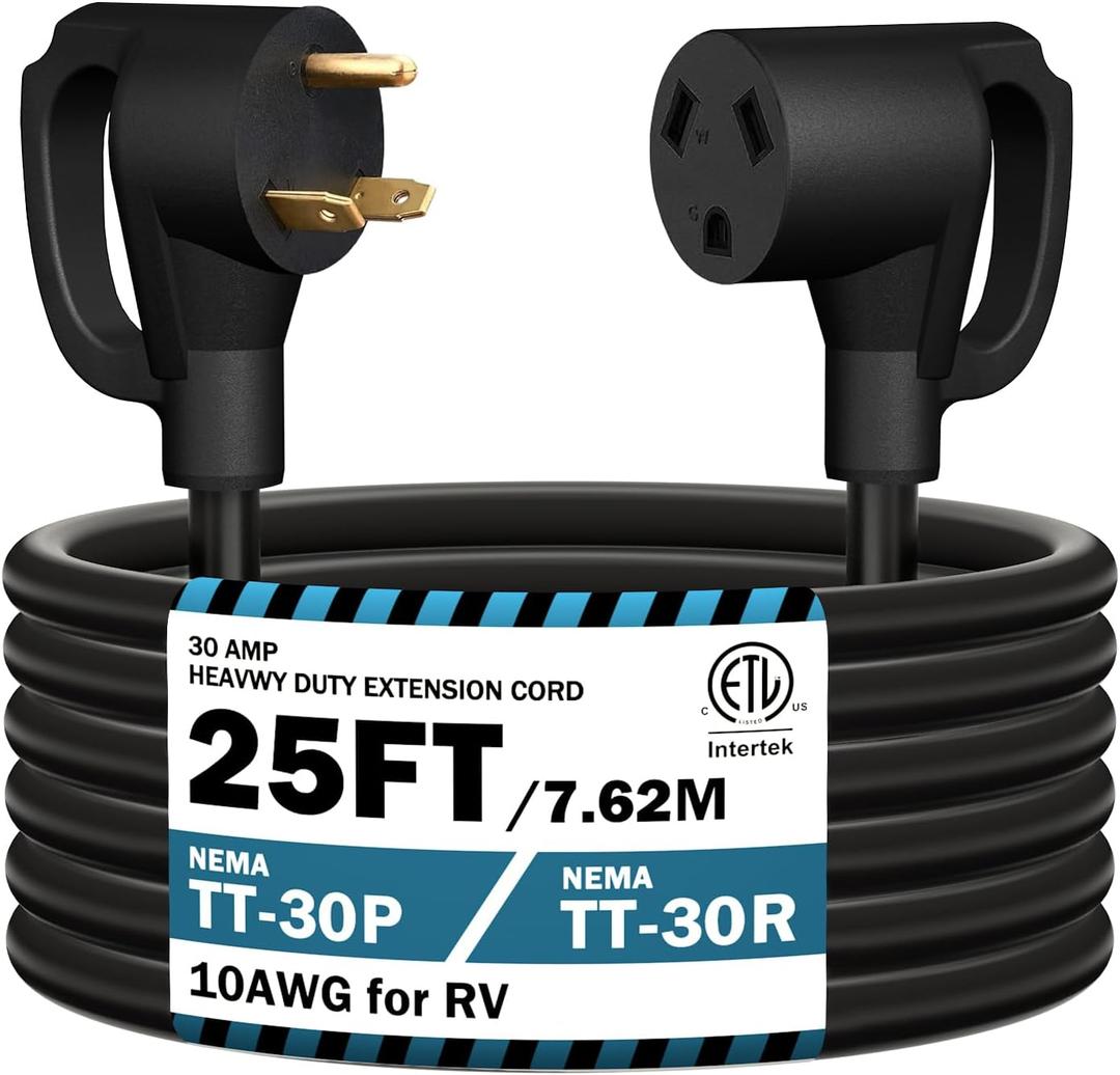 STRIGHT 25FT RV Extension Cord 30 Amp, RV Power Extension Cord NEMA TT-30P Male to TT-30R Female Heavy Duty 10 Gauge STW 3-Wire for RV Trailer Campers 125V, 3750W, ETL Listed (25FT 30AMP) (Black Plug)