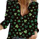 Hawaiian Button Down Shirts for Women Halloween Thanksgiving Christmas Valentines St Patricks Long Sleeve Tops Blouse (X-Large, Clover Black)