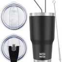 WETOWETO 30 oz Insulated Tumbler With 2 Lids and 2 Straws, Stainless Steel Double Vacuum Coffee Tumbler Cup, Powder Coated Travel Mug for Home, Office, Travel, Party (Black, 1 Pack)
