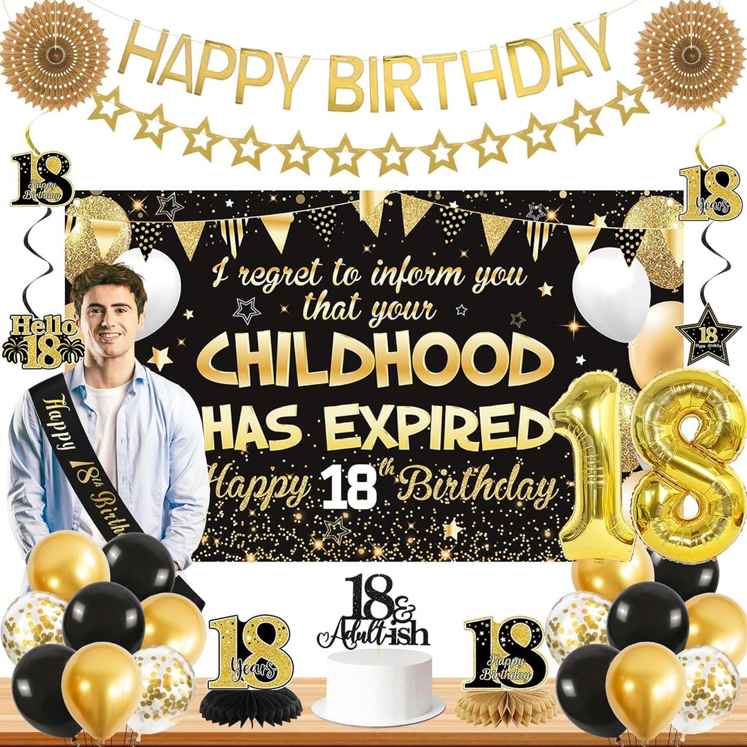 Roetyce 18th Birthday Decorations Boys Girls, Black Gold Happy 18th Birthday Banner Sash Balloons Centerpieces Cake Topper, Childhood Has Expired 18 Years Old Party Supplies Photo Backdrop Background
