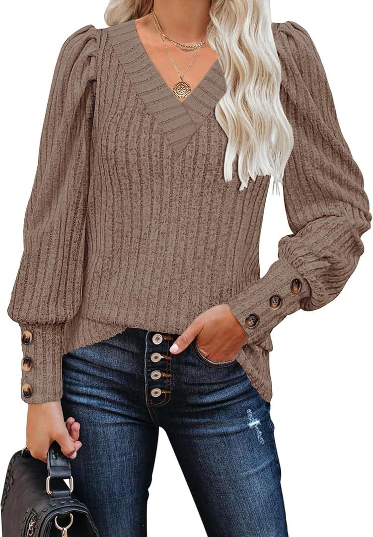Fayenne Long Sleeve Shirts for Women Business Casual Tops V Neck Puff Sleeve Tunic Knitted Fall Outfits (Medium, Coffee)