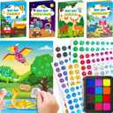 D-FantiX Dot Art Sticker Activity Book with Ink Pad, Mess-Free Finger Painting for Toddlers, Dinosaur, Animal, Outer Space, Vehicle Arts and Crafts, Kids Travel Activities
